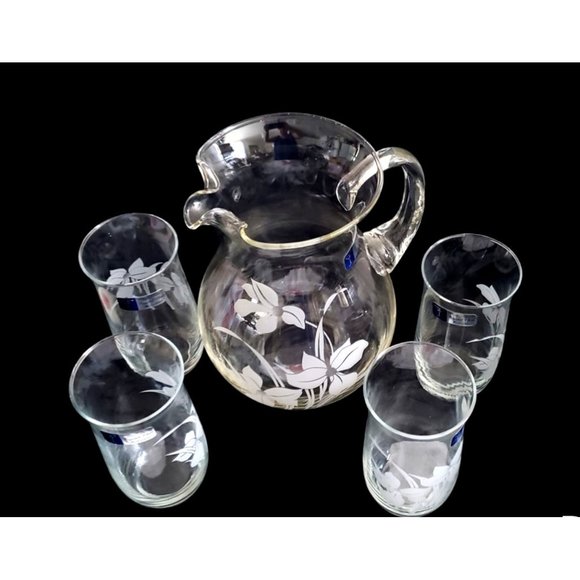 Vintage Set NWT Handblown Turkish Glass Pitcher and Four Drinking Glasses Floral - Picture 2 of 9